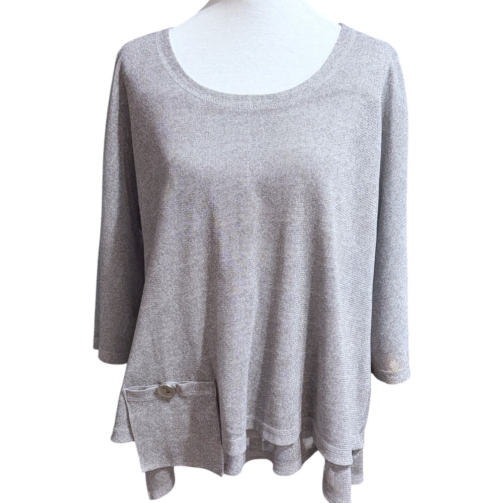 Ali Miles Womens 2X Silver Metallic Mesh Knit Button Back Tunic Top 3/4 Sleeve